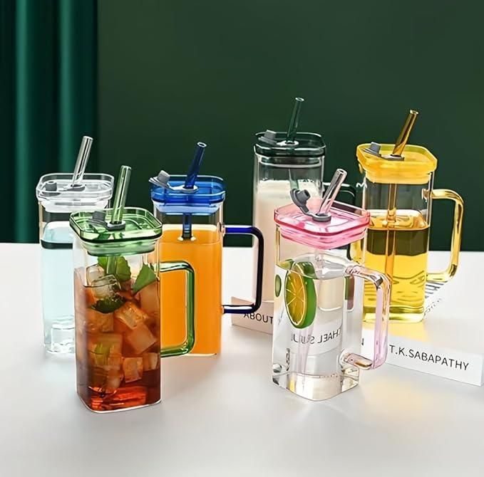 Premium Square Glass with Lid & Straw – Modern Glass Cup for Cold Beverages, Juices & Cocktails (1 Pc)
