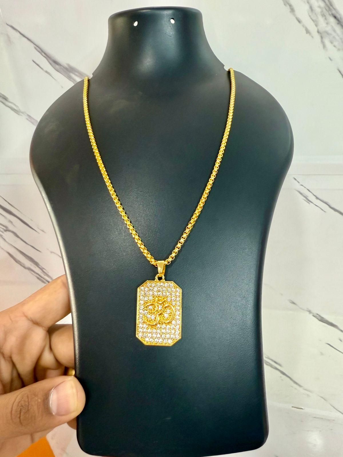 Gold OM Diamond Pendant + Chain – Spiritual Shine for Men (1 Pc)