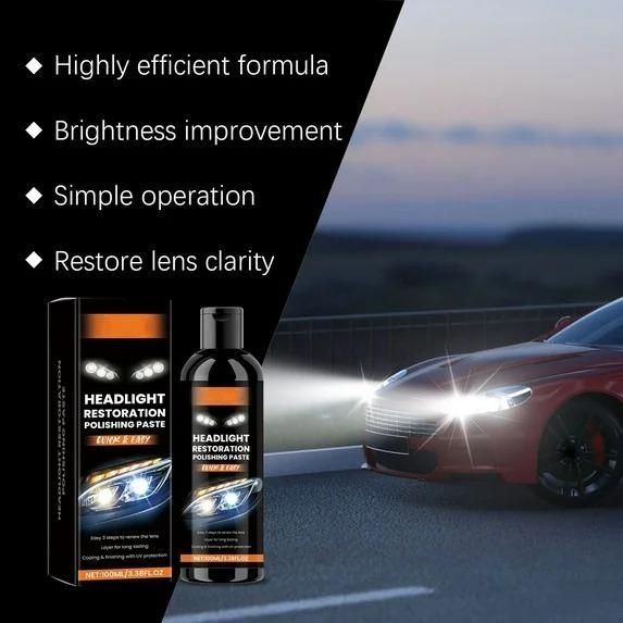 Headlight restoration product with a car on a road at night.