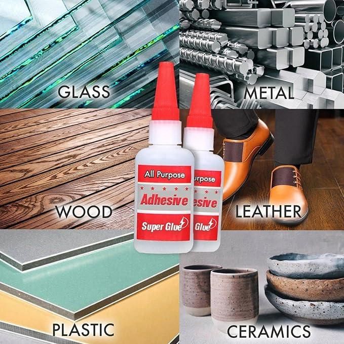 Two bottles of all-purpose adhesive with examples of materials they can bond, including glass, metal, wood, leather, plastic, and ceramics.