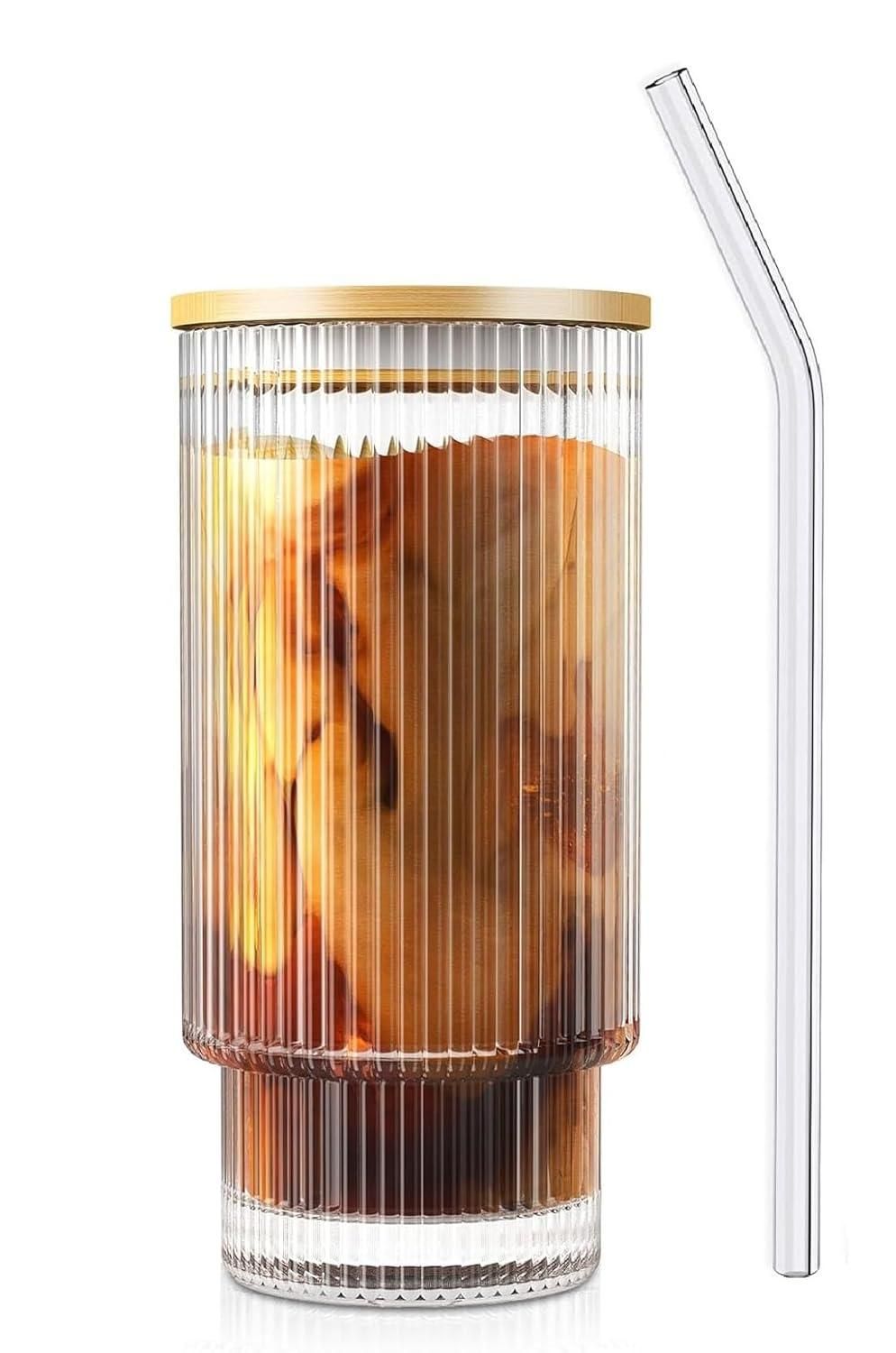 Ribbed Glass Tumbler with Wooden Lid – Iced Coffee & Cocktail Cup (1 Pc)