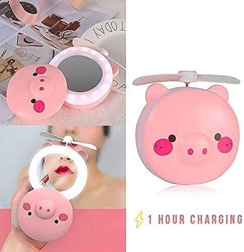 Cute Pig LED Pocket Fan - Mirror & Rechargeable Mini Fan