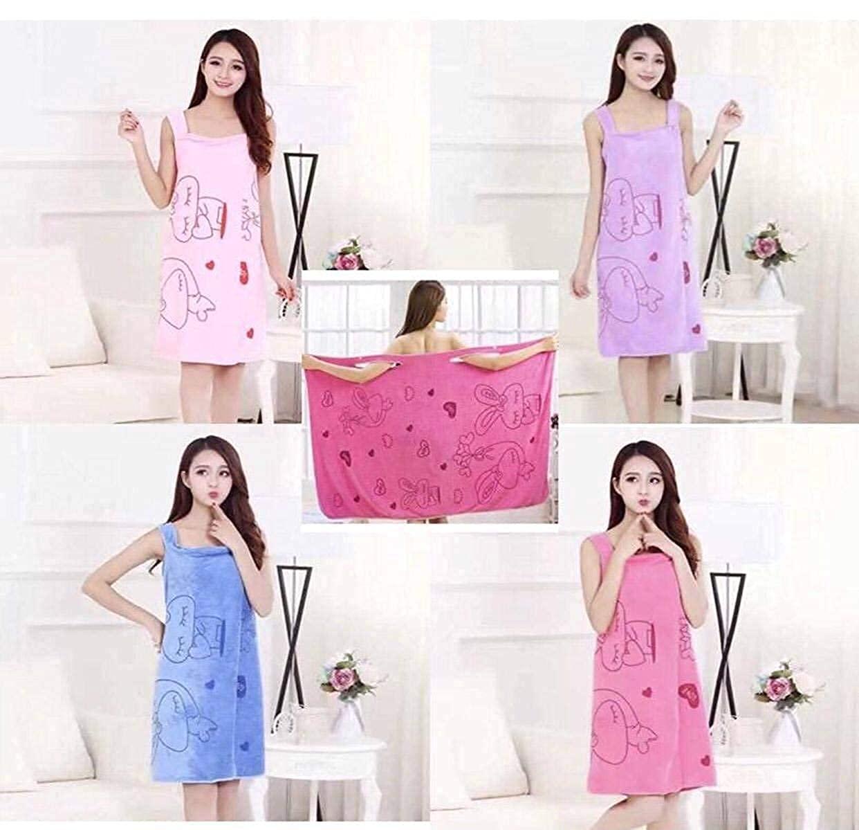 Collage of a woman wearing a pink towel with cartoon designs in a bright room.