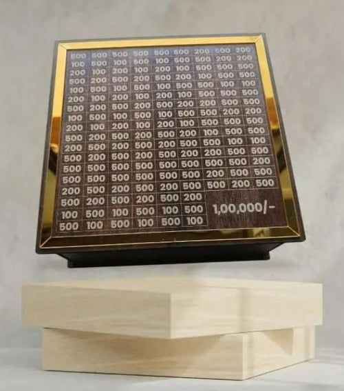 Digital display showing monetary values on a wooden stand