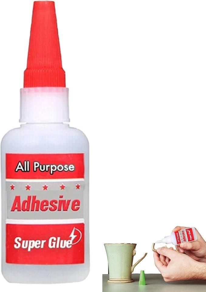 Super Glue all-purpose adhesive bottle with red cap and label on a white background.