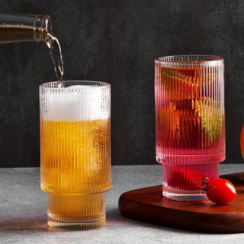 Ribbed Glass Tumbler with Wooden Lid – Iced Coffee & Cocktail Cup (1 Pc)