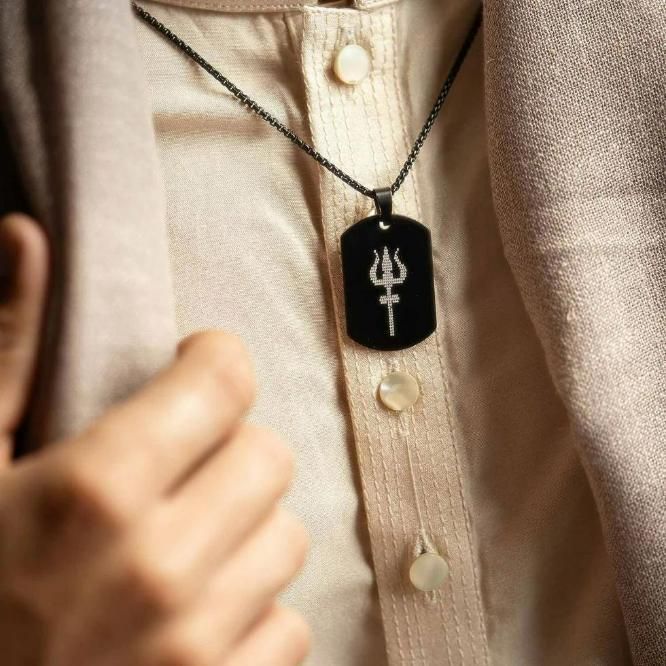 Trishool Tag Pendant – Matte Black Shiva Power Chain (1 Pc)