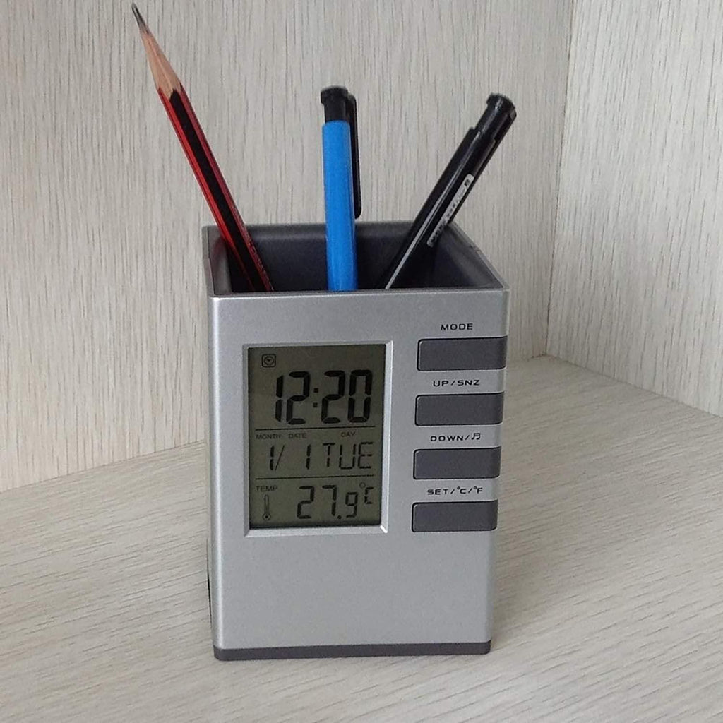 Pen Holder with LCD Display - Digital Alarm Clock Organizer