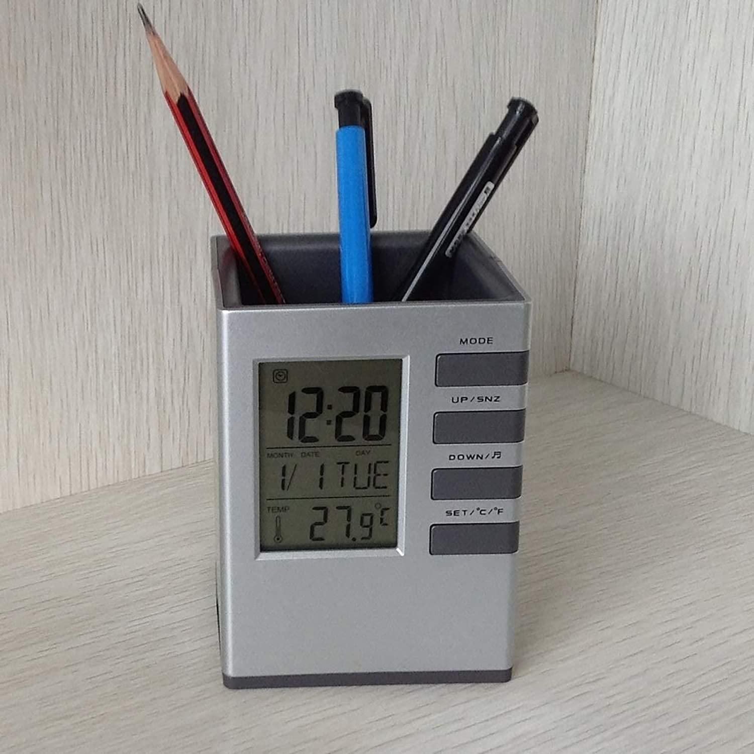 Pen Holder with LCD Display - Digital Alarm Clock Organizer