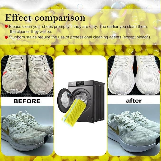 Effect comparison of cleaning shoes with a dryer and cleaning agent, before and after cleaning shown.