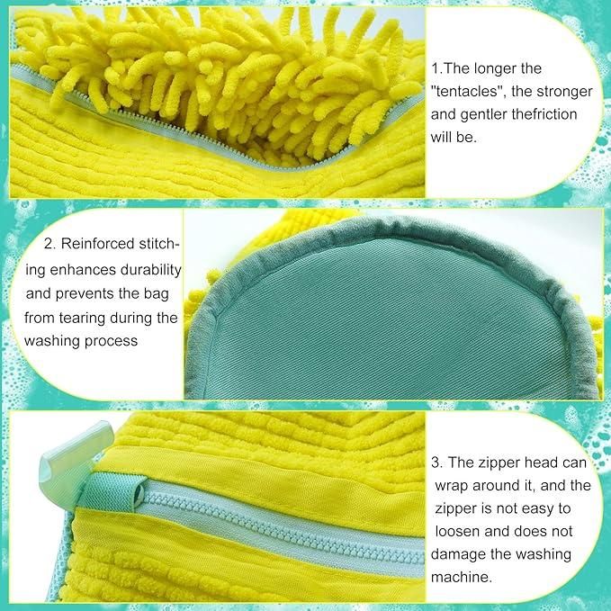 Yellow cleaning brush with text explaining features on a teal background