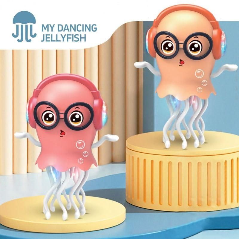 Two animated jellyfish toys with headphones and glasses on a blue background, featuring the 'My Dancing Jellyfish' brand.