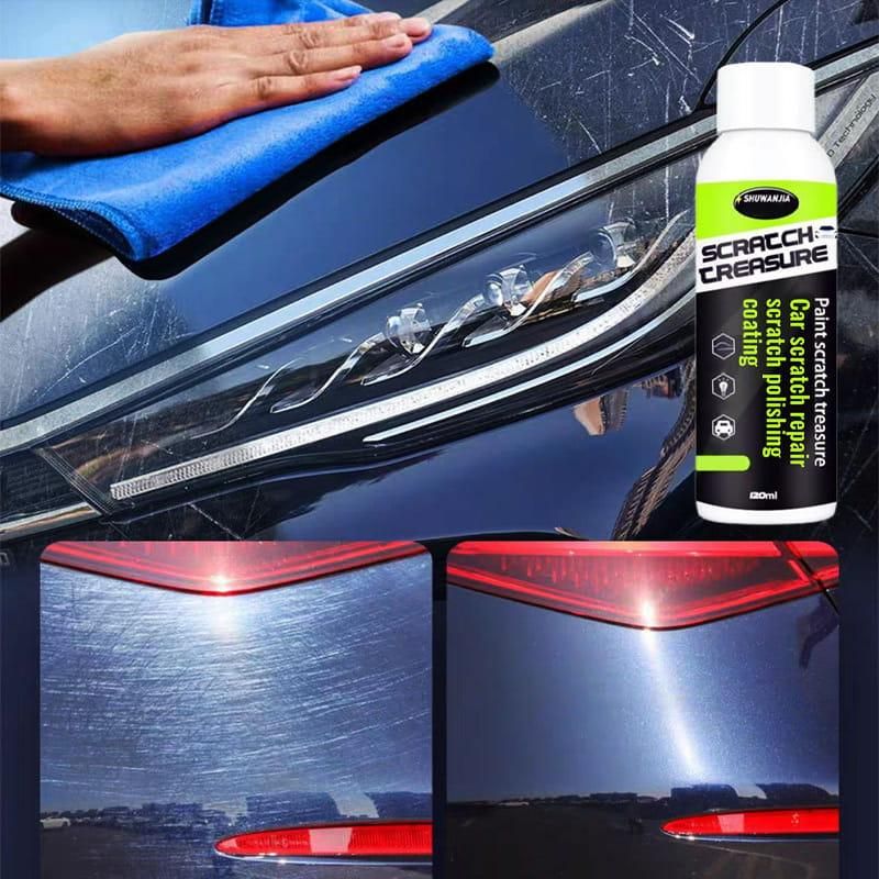 Car scratch repair product with a car surface showing scratches and a hand using a blue towel.