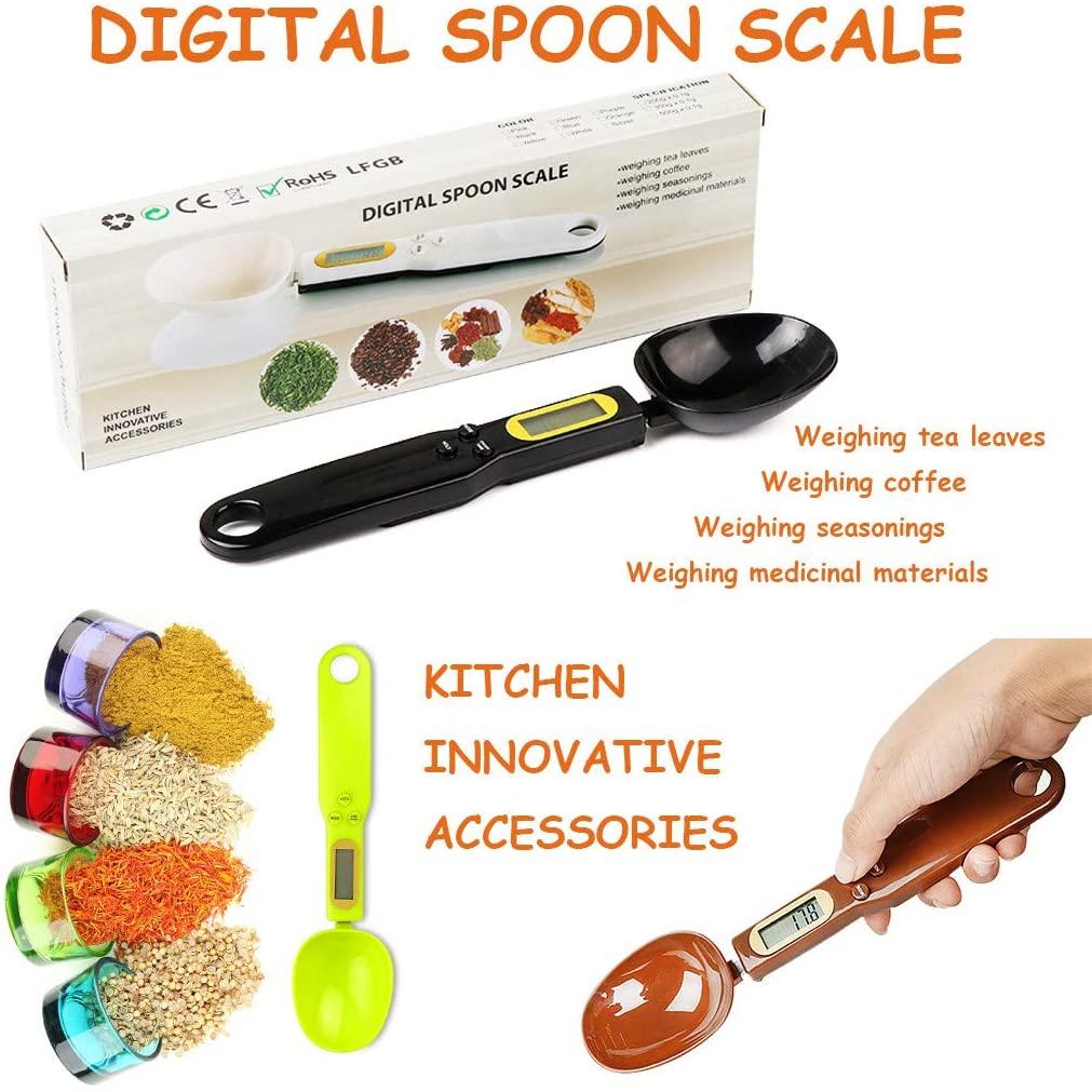 Digital spoon scale with packaging, measuring spoons, and text on a white background