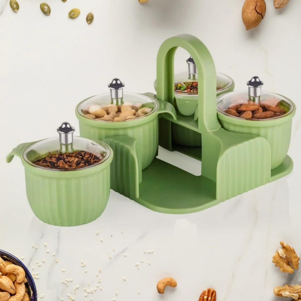 Multipurpose 4-Piece Storage Jar Set with Tray – Plastic Snack & Spice Containers for Kitchen & Dining (1 Set)