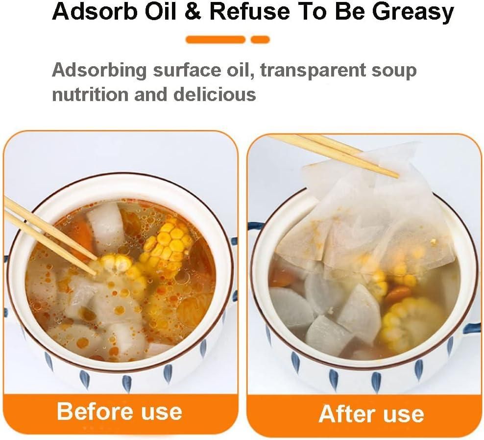 Before and after using a product to adsorb surface oil from soup.