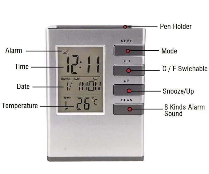 Pen Holder with LCD Display - Digital Alarm Clock Organizer