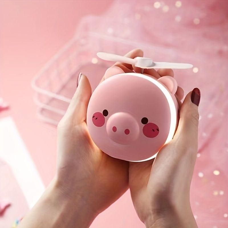 Cute Pig LED Pocket Fan - Mirror & Rechargeable Mini Fan