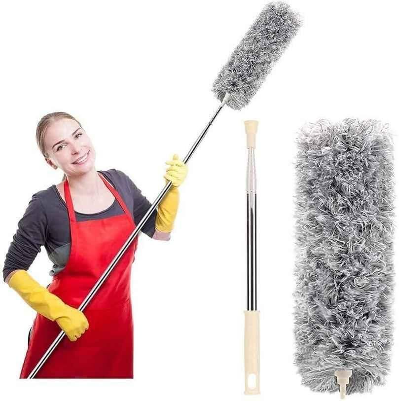 Flexible Long-Rod Fan Duster – Stainless Steel + Microfiber Glove (1 Pc)