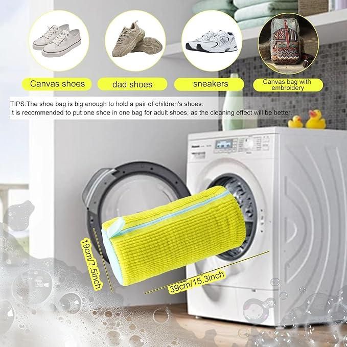 Yellow shoe cleaning brush with washing machine and shoe illustrations on a light background