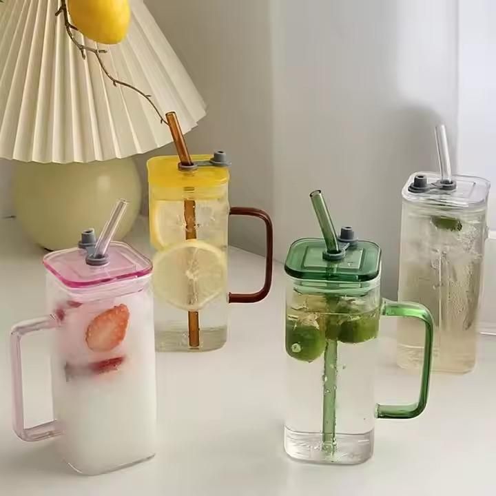 Premium Square Glass with Lid & Straw – Modern Glass Cup for Cold Beverages, Juices & Cocktails (1 Pc)