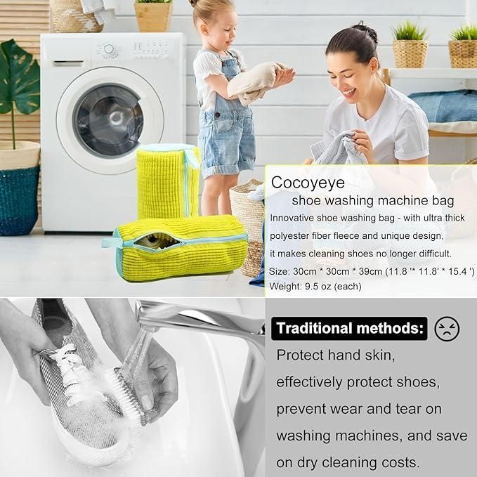 Cocoyeye shoe washing machine bag with a woman and child in a laundry room.