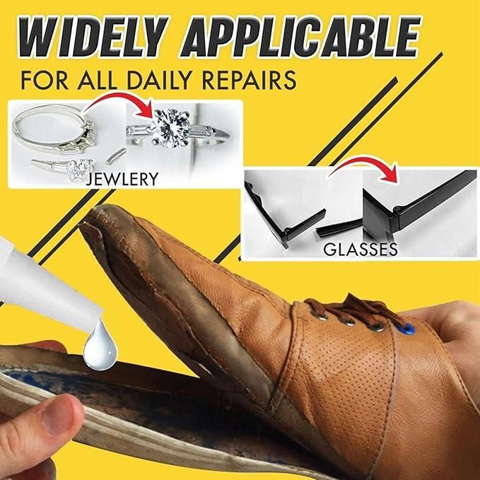 Product being used on a shoe with text about its applicability for daily repairs on jewelry and glasses.