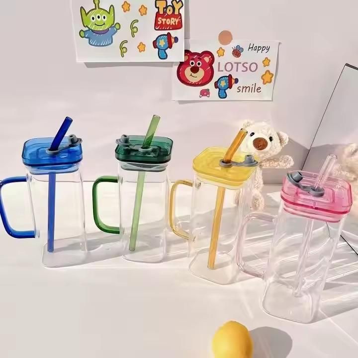 Premium Square Glass with Lid & Straw – Modern Glass Cup for Cold Beverages, Juices & Cocktails (1 Pc)