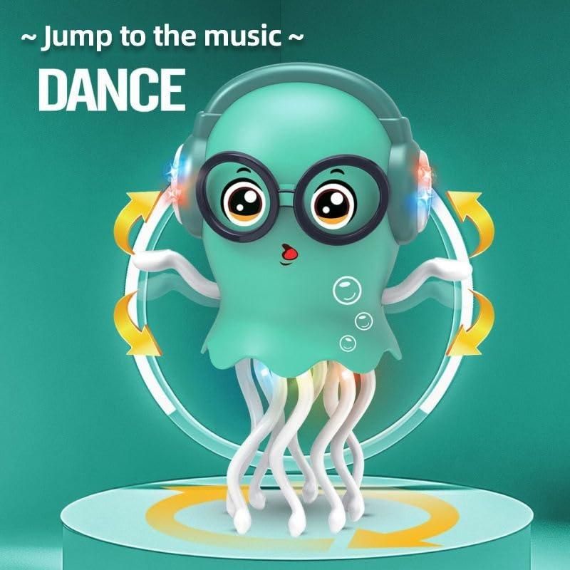 Cartoon octopus character with headphones and glasses on a green background with 'Jump to the music' text.