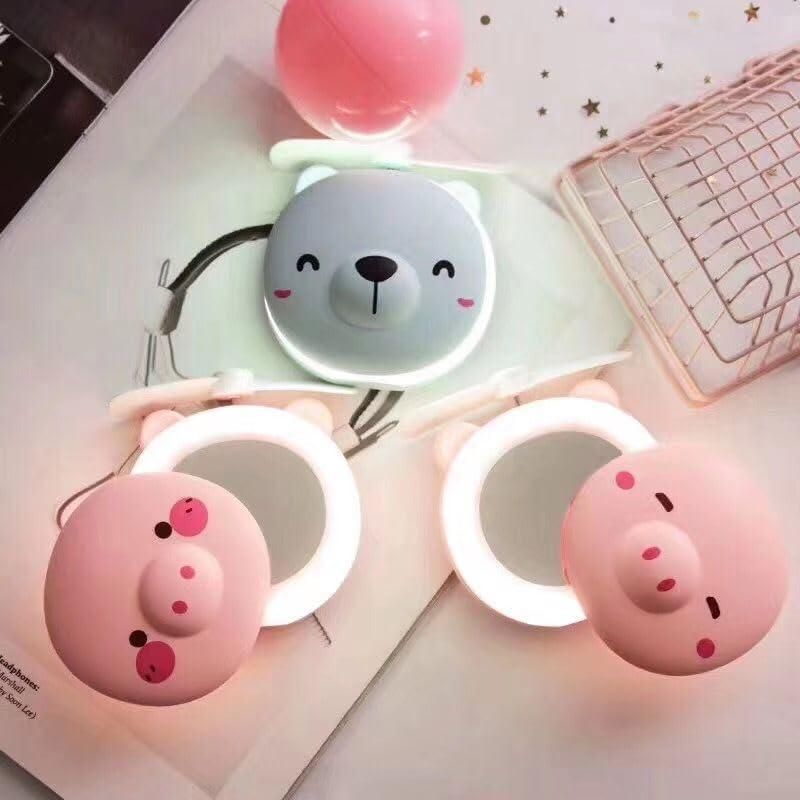 Cute Pig LED Pocket Fan - Mirror & Rechargeable Mini Fan