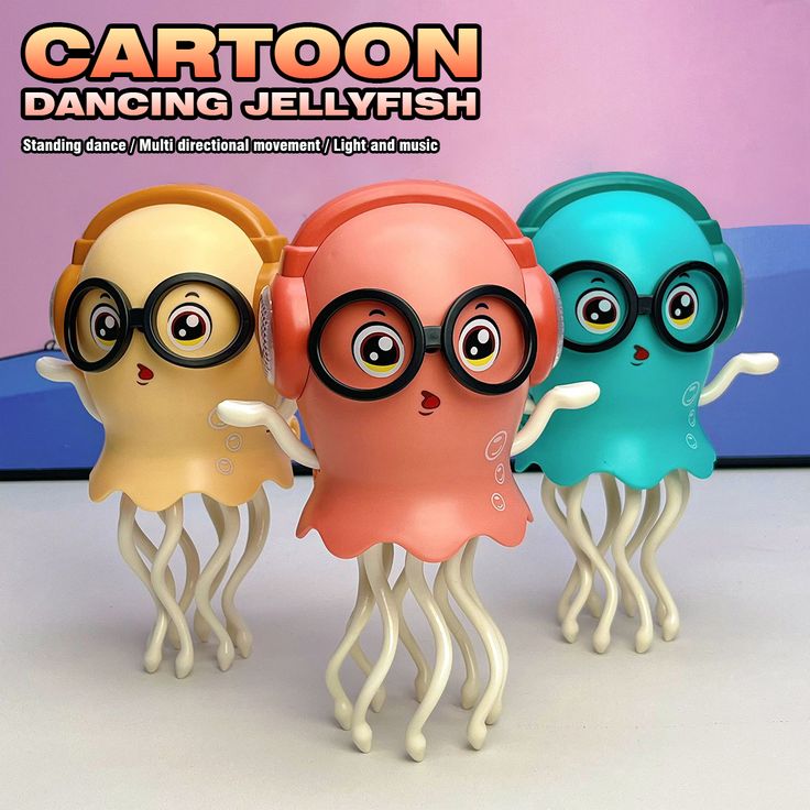 Three colorful jellyfish figurines with googly eyes and winking expressions on a white background.