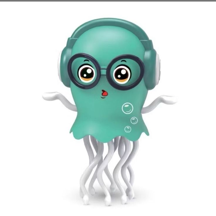 Toy octopus with headphones and glasses on a white background